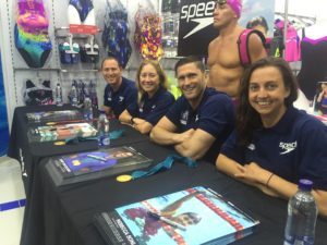 Rebecca Soni, Lenny Krayzelburg, Misty Hyman and Jason Lezak at an autograph event in Bogota 